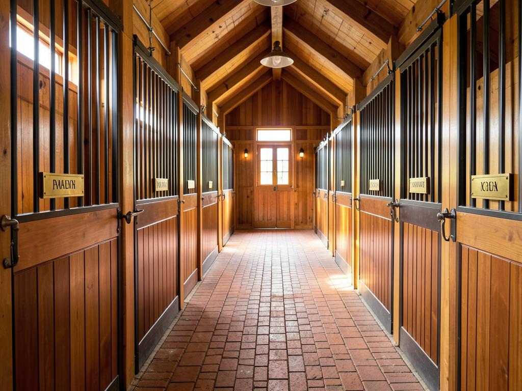 Stable aisle with polished wood stalls